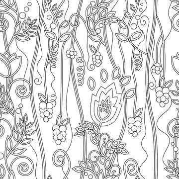 Seamless pattern with abstract various branch and flowers. Outline of plant on Stock Illustration