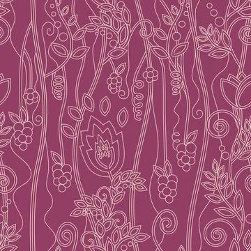 Seamless pattern with abstract various branch and flowers. Outline of plant on Stock Illustration