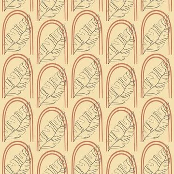 Seamless pattern with abstract vintage elements and leaves art. Linear vector Stock Illustration