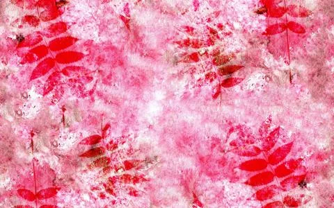 Seamless pattern abstract watercolor background and rowan leaves. Mixed media Stock Illustration