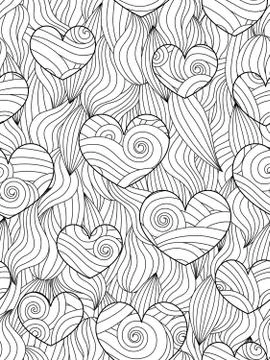 Seamless pattern with abstract waves and hearts. Zentangle inspired style Stock Illustration