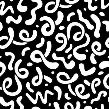 Seamless pattern with abstract white squiggles on a black background, fluid.. Stock Illustration