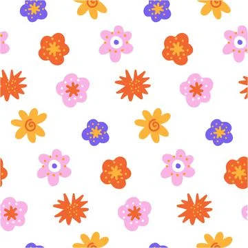 Seamless pattern of abstract wild flowers. flat simple vintage colorful vector Stock Illustration