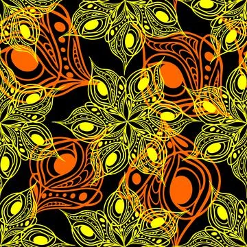 Seamless pattern of abstract yellow-red graphic elements on a black Illustrazione stock