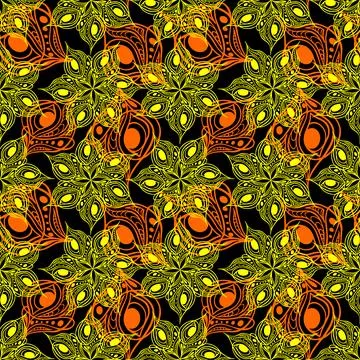 Seamless pattern of abstract yellow-red graphic elements on a black backgro.. Stock Illustration