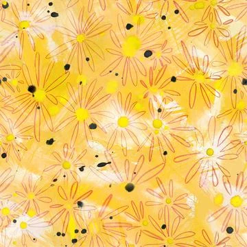Seamless pattern. Abstraction. On a yellow background, chamomile flowers with Stock Illustration