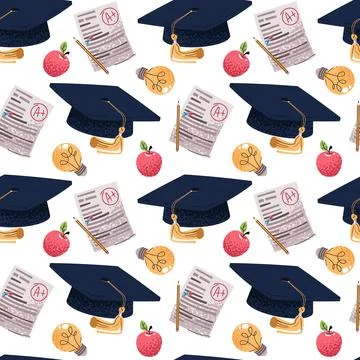 Seamless pattern with academic cap, light bulb, apple and exam paper. Education Stock Illustration