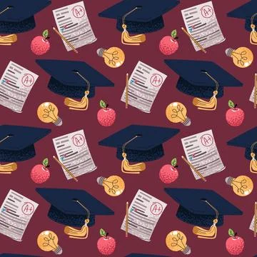 Seamless pattern with academic cap, light bulb, apple and exam paper. Education Stock Illustration