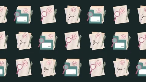 Seamless pattern of academic work, best grade, and document review icons Stock Footage 321946227