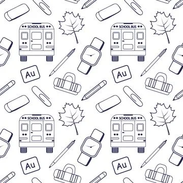 Seamless pattern with accessories back to school: maple; pen, pencil, paper clip 스톡 일러스트