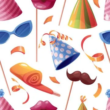 Seamless pattern with accessories, confetti, party hat. Background with fes.. 스톡 일러스트