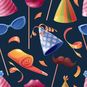 Seamless pattern with accessories, confetti, party hat. Background with festi Stock Illustration