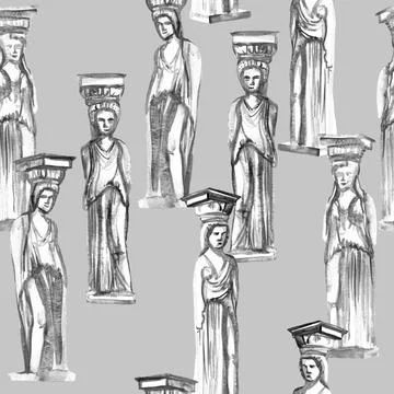 Seamless Pattern Achromatic Antique Caryatids Wet Watercolor Shades of Gray Stock Illustration