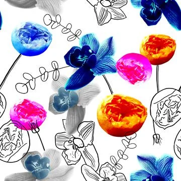 Seamless pattern acid flowers and linear flowers Stockillustratie