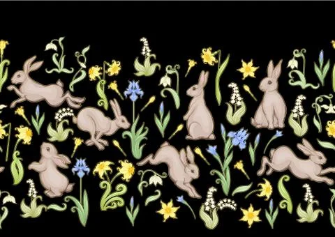 Seamless pattern, ackground with spring flowers and rabbits, hares. Stock Illustration