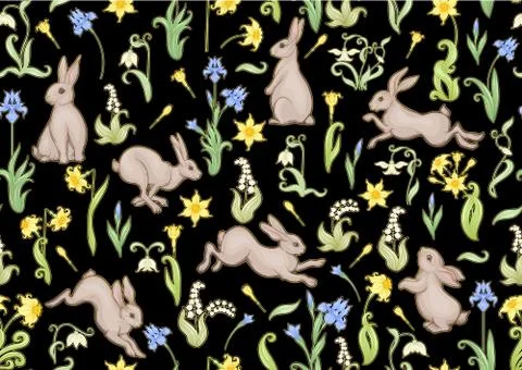 Seamless pattern, ackground with spring flowers and rabbits, hares. Stock Illustration