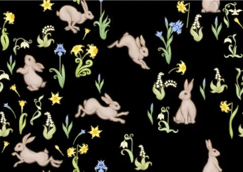 Seamless pattern, ackground with spring flowers and rabbits, hares. Illustrazione stock