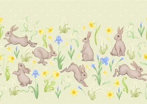 Seamless pattern, ackground with spring flowers and rabbits, hares. Illustrazione stock