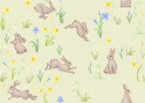 Seamless pattern, ackground with spring flowers and rabbits, hares. Stock Illustration