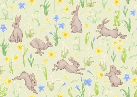 Seamless pattern, ackground with spring flowers and rabbits, hares. Stock Illustration