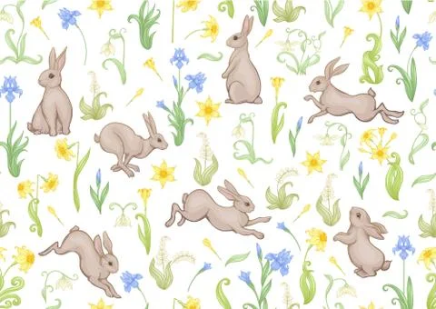Seamless pattern, ackground with spring flowers and rabbits, hares. Stock Illustration