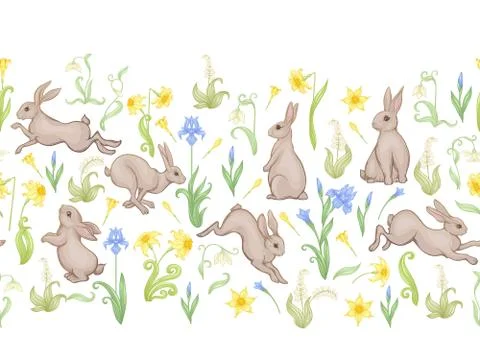 Seamless pattern, ackground with spring flowers and rabbits, hares. Stock Illustration