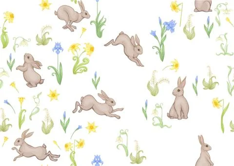Seamless pattern, ackground with spring flowers and rabbits, hares. Stock Illustration