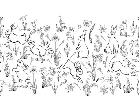 Seamless pattern, ackground with spring flowers and rabbits, hares. Illustrazione stock