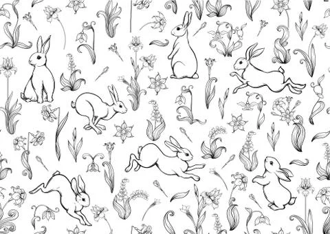 Seamless pattern, ackground with spring flowers and rabbits, hares. Stock Illustration