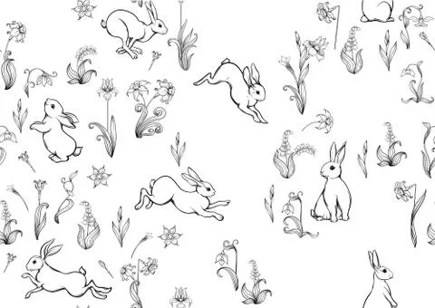 Seamless pattern, ackground with spring flowers and rabbits, hares. Stock Illustration