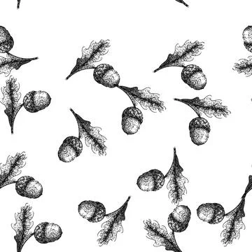 Seamless pattern acorn nut green leaf sketch hand drawn Illustrazione stock