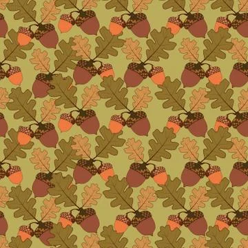 Seamless pattern with acorns and autumn oak leaves in Orange, Beige, Brown. Stock Illustration