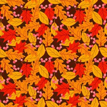 Seamless pattern with acorns and autumn oak leaves in Orange, Beige, Brown an Stock Illustration