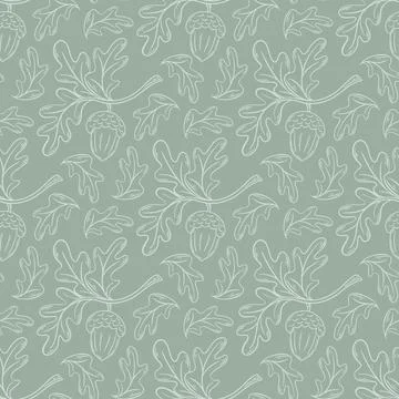Seamless pattern with acorns and foliage silhouette on green background Stock Illustration