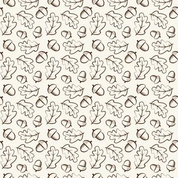 Seamless pattern with acorns and oak leaves in outline style. Natural backgro Illustrazione stock