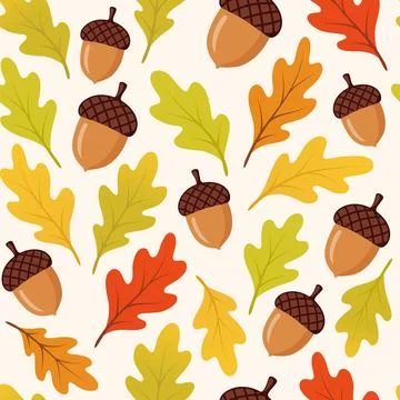 Seamless pattern with acorns and oak leaves. Autumn leafs on a dark background. Stock Illustration
