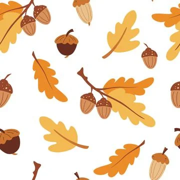 Seamless pattern with acorns. Autumn background. Stylized oak leaves and acor Stock Illustration