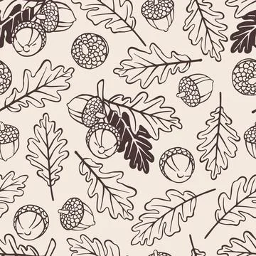 Seamless Pattern with Acorns, Caps and Lobed Oak Leaves. Hand Drawn Doodle .. Stock Illustration
