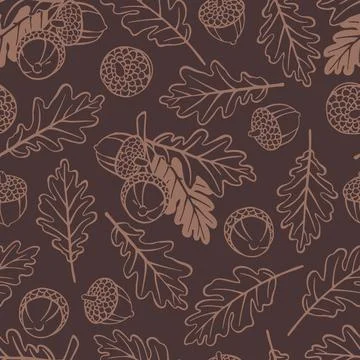 Seamless Pattern with Acorns, Caps and Lobed Oak Leaves. Hand Drawn Doodle .. Illustrazione stock