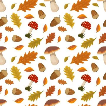 Seamless pattern with acorns, fly agaric mushroom with red cap and oak leaves. Stock Illustration