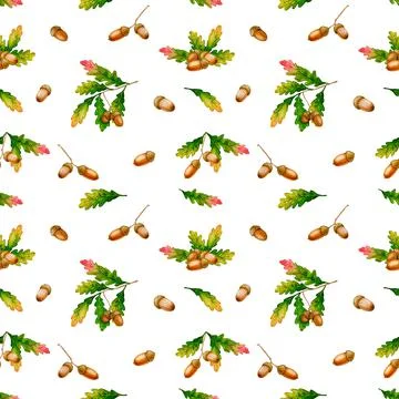Seamless pattern with acorns, oak leaves and oak branches. Stock Illustration