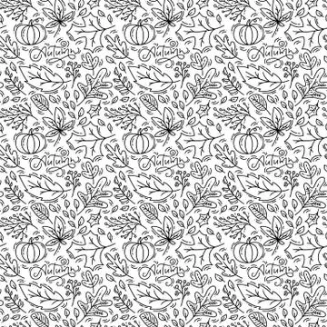 Seamless pattern with acorns, pumpkin and autumn oak leaves in black. Perfect Stock Illustration