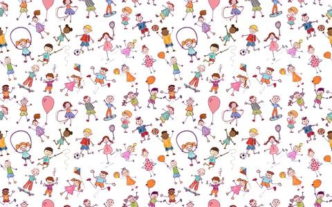 Seamless pattern active multicultural cute funny kids drawn in doodle style Stock Illustration