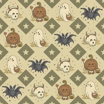 Seamless pattern of adorable halloween characters. Cute ghosts, skeleton Illustrazione stock