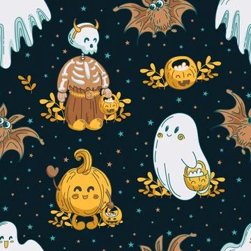 Seamless pattern, adorable Halloween characters. Cute ghosts, a skeleton, a p Illustrazione stock