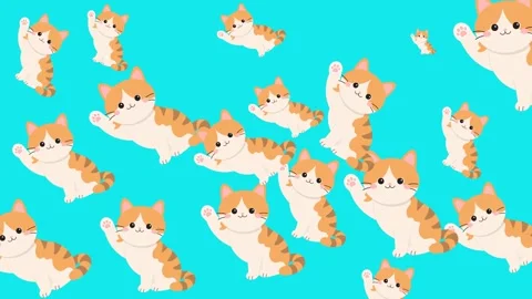 Seamless Pattern of Adorable Waving Orange Tabby Cats on Bright Blue Background Stock Footage 345539998