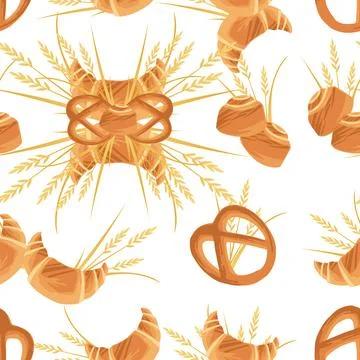 Seamless pattern advertising flyer design with bakery croissants products for Stock Illustration