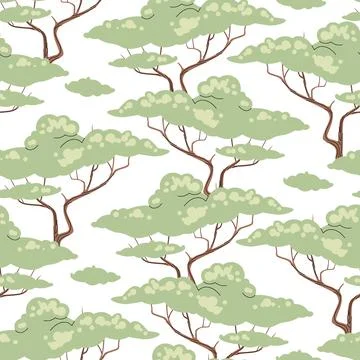 Seamless pattern with African acacia in flat style. Repeating background with Stock Illustration