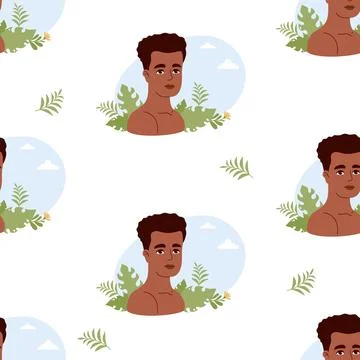 Seamless pattern with African American man with leaves on white background... イラスト素材