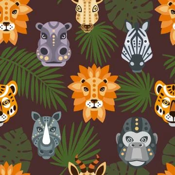 Seamless Pattern with African Animals and Tropical Leaves, Zebra, Lion Stock Illustration
